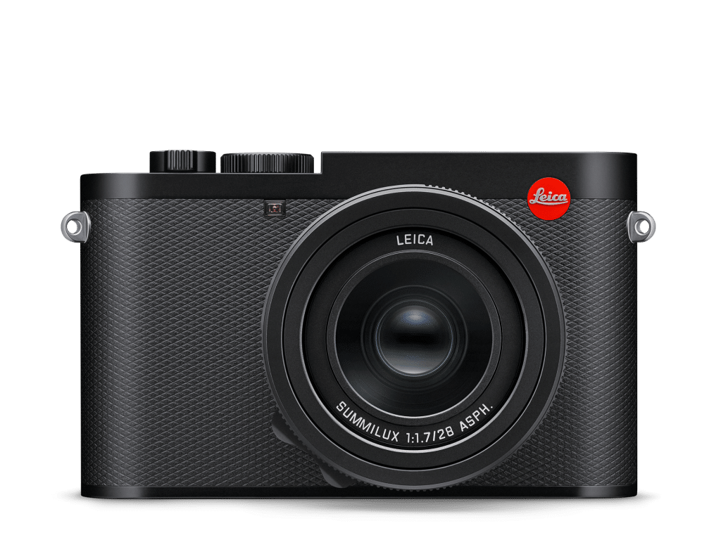 Front view of a black Leica camera with a prominent lens, large viewfinder, and the red Leica logo on the top right corner.