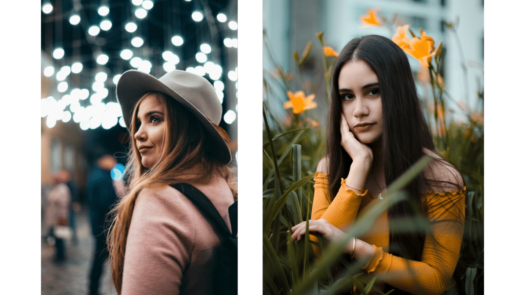 On the left, a woman in a hat looks over her shoulder with lights illuminating the portrait. On the right, a woman in a yellow top poses among orange flowers, creating a vibrant landscape scene.