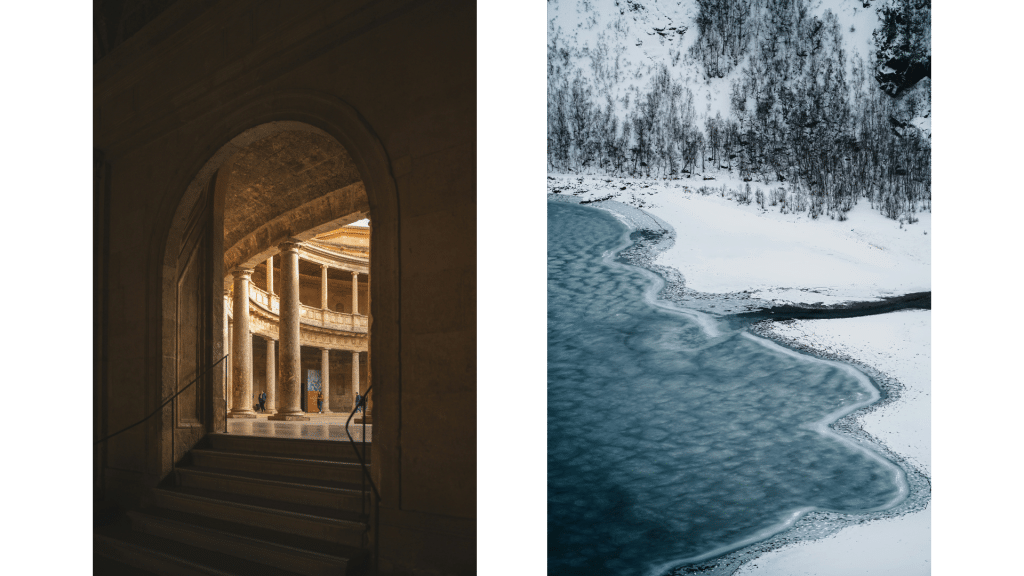 An arched doorway opens to a sunlit interior with columns on the left. On the right, a snow-covered landscape unfolds by a partially frozen lake, creating a portrait vs landscape contrast in nature's gallery.