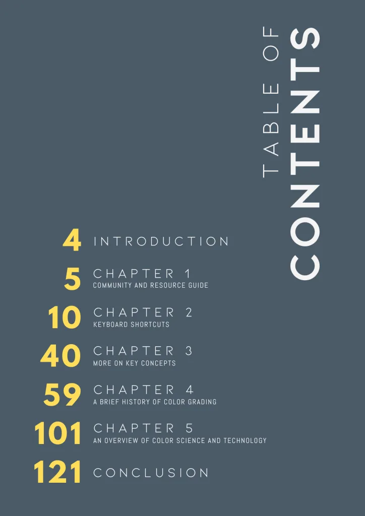Table of contents page listing introduction, five chapters, and conclusion with corresponding page numbers for a color grading course, set on a gray background with yellow and white text.