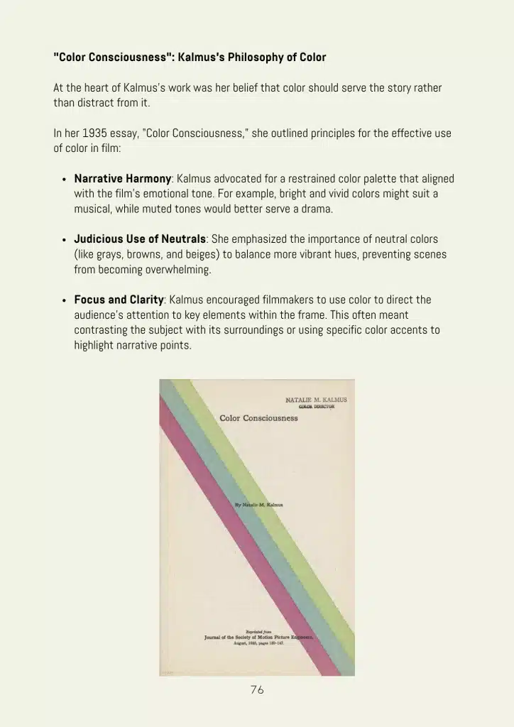 A page from a book discussing Natalie Kalmus's philosophy of color, with bullet points outlining her principles, an image of "Color Consciousness," and insights perfect for anyone interested in a color grading course.