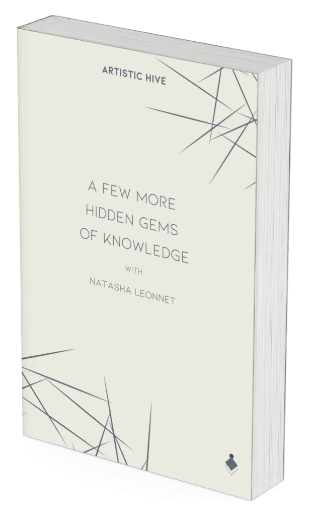 A book titled "A Few More Hidden Gems of Knowledge" with Natasha Leonnet, featuring a minimalist cover design with intersecting lines on a light background—perfect for anyone curious about color grading courses and creative learning.