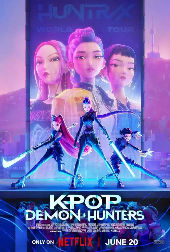 Poster for "K-Pop Demon Hunters" shows three animated characters in dynamic poses with weapons, standing before a large, colorfully lit billboard—like a scene straight out of a color grading course. Netflix release June 20.