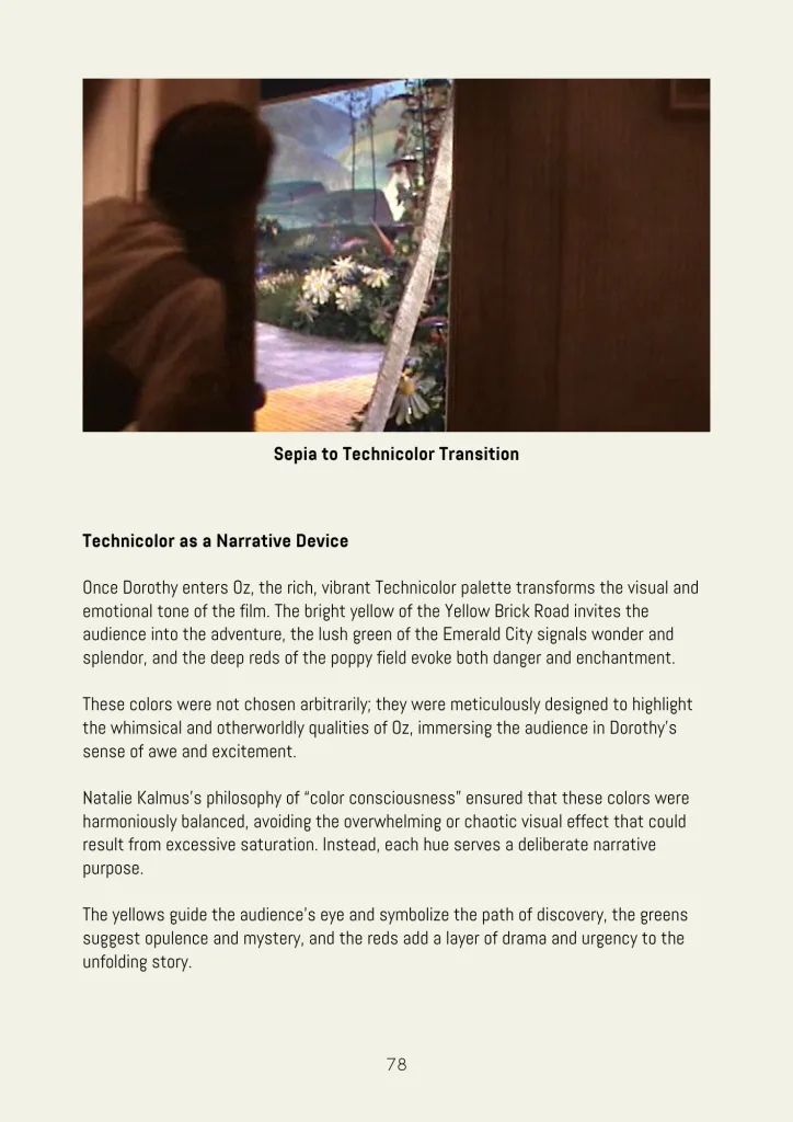 A blurry figure stands near a window, transitioning from a sepia-toned scene to color; text below explores Technicolor in "The Wizard of Oz" and highlights insights from a color grading course.