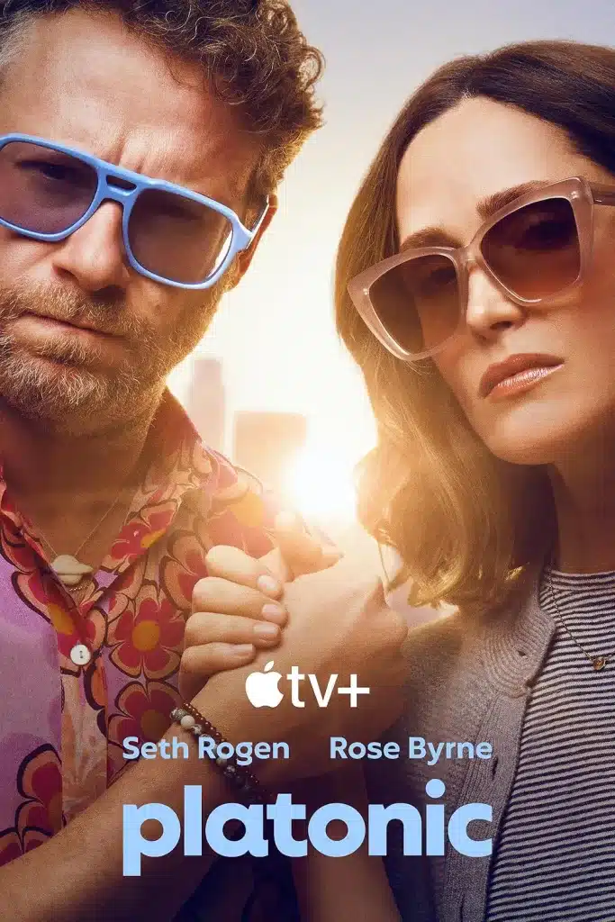 Two people wearing sunglasses grasp hands in front of a sunset background, showcasing vibrant tones perfect for a color grading course, with the text: "Apple TV+, Seth Rogen, Rose Byrne, Platonic.