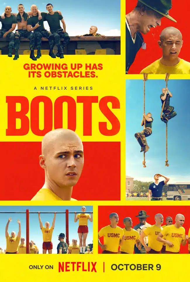Collage poster for the Netflix series "Boots" showing young men in USMC shirts undergoing military training, climbing ropes, and standing together. Enhanced with techniques from a color grading course. Release date: October 9.