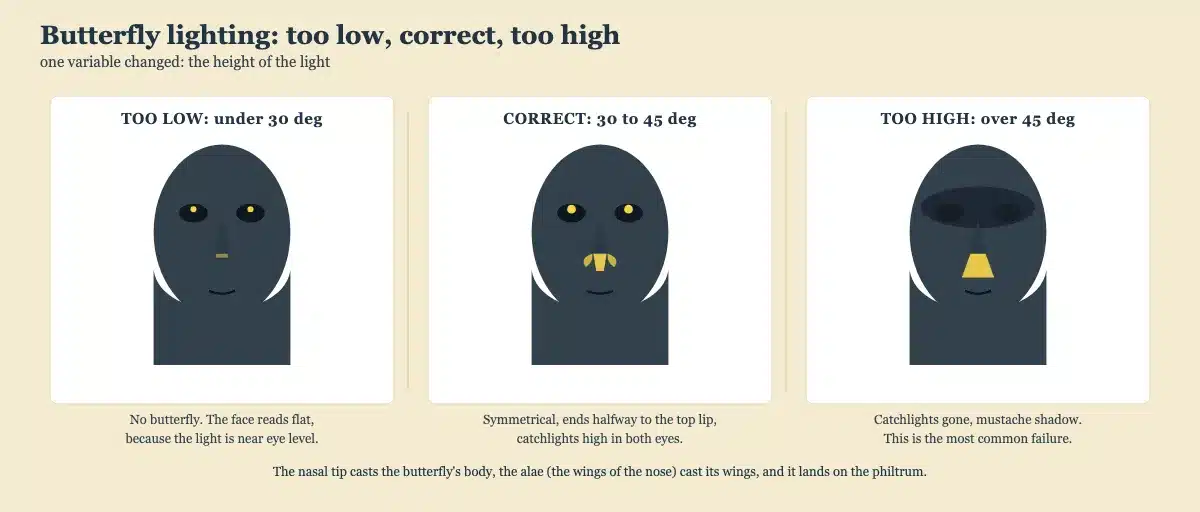 Butterfly lighting examples compared: light too low gives no nose shadow, correct gives a symmetrical butterfly shadow ending halfway to the top lip, too high loses the catchlights and stretches the shadow over the lip
