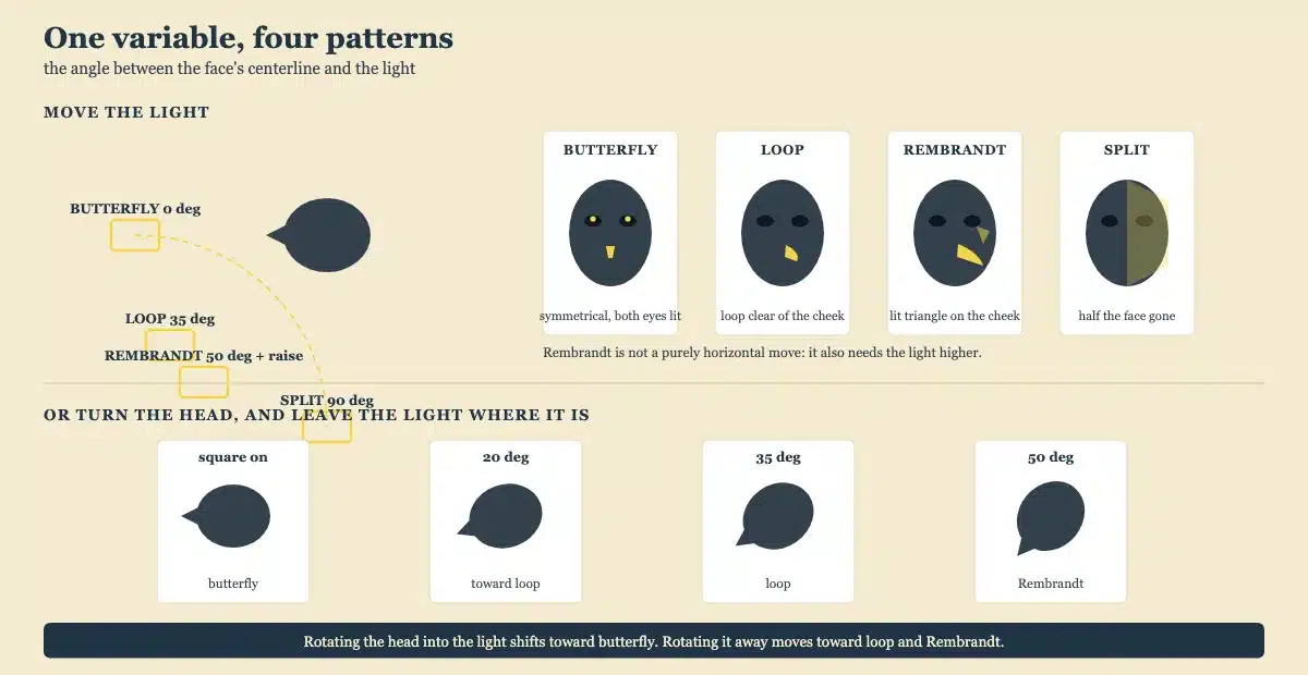Diagram comparing butterfly, loop, Rembrandt and split lighting as four values of one variable, the angle between the face centerline and the key light, shown by moving the light and by turning the head