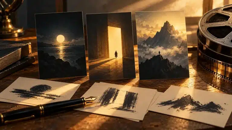 Conceptual illustration of fictional film posters and a writing desk for developing movie taglines.